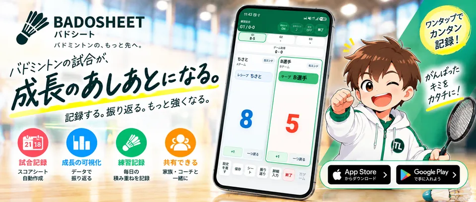 バドシート（BADOSHEET）バドミントンの、もっと先へ。バドミントンの試合が、成長のあしあとになる。記録する。振り返る。もっと強くなる。試合記録（スコアシート自動作成）・成長の可視化・練習記録・共有できる（家族・コーチと一緒に）。App Store からダウンロード／Google Play で手に入れよう