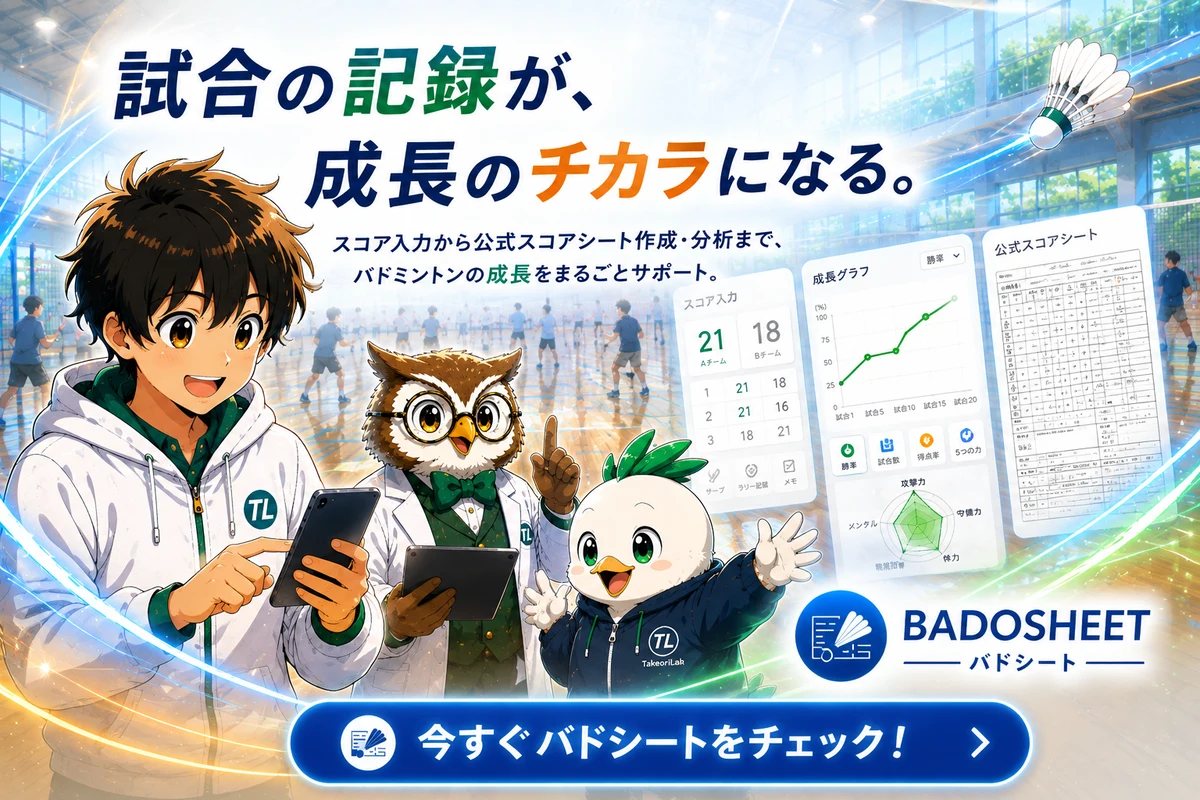 バドシートの紹介バナー。「試合の記録が、成長のチカラになる。」「スコア入力から公式スコアシート作成・分析まで、バドミントンの成長をまるごとサポート。」明るい体育館で、たけるくんがタブレットを操作し、白衣のフクロウ博士とマスコットのラブリーが並ぶ。右側にアプリの3画面——スコア入力（Aチーム21対Bチーム18、ゲームごとの得点）、成長グラフ（勝率の折れ線と、攻撃力・守備力・メンタル・戦術理解・体力の5つの力のレーダーチャート）、公式スコアシート——が並び、下に「今すぐバドシートをチェック！」のボタン。