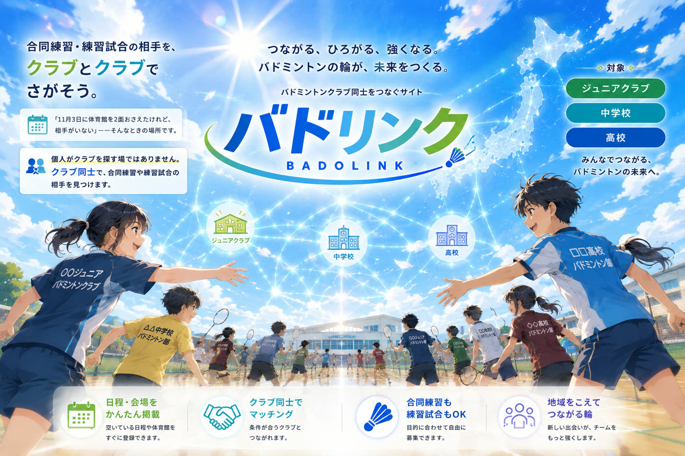 バドリンクのキービジュアル。青空の下、光の線が全国のジュニアクラブ・中学校・高校をつないでいる。手前ではジュニアクラブと高校バドミントン部の選手が手を伸ばし合い、奥のコートでは大勢が向かい合って練習している。つながる、ひろがる、強くなる。