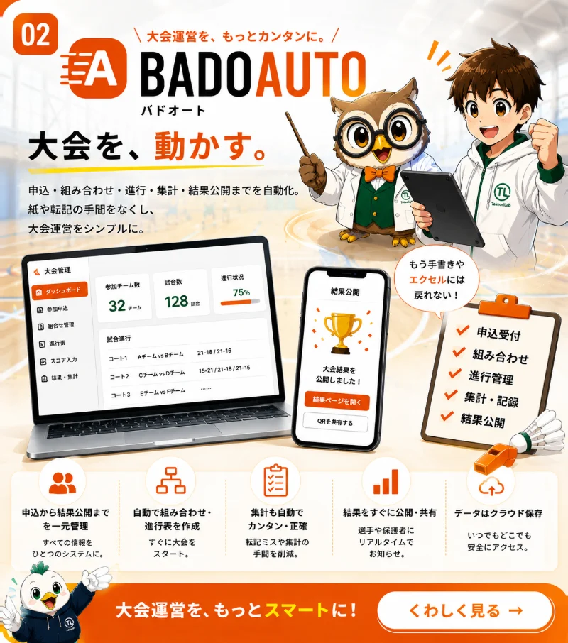 バドオートの紹介カード。「大会を、動かす。」申込・組み合わせ・進行・集計・結果公開までを自動化する