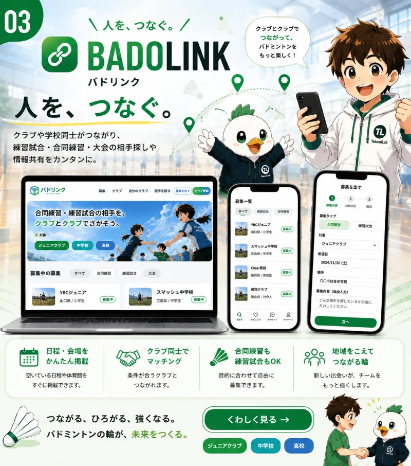 バドリンクの紹介カード。「人を、つなぐ。」クラブや学校どうしがつながり、合同練習や練習試合の相手を探せる
