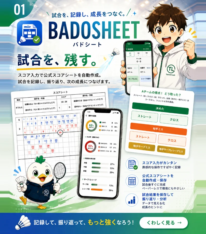 バドシートの紹介カード。「試合を、残す。」スコア入力で公式スコアシートを自動作成し、振り返りと分析までできる