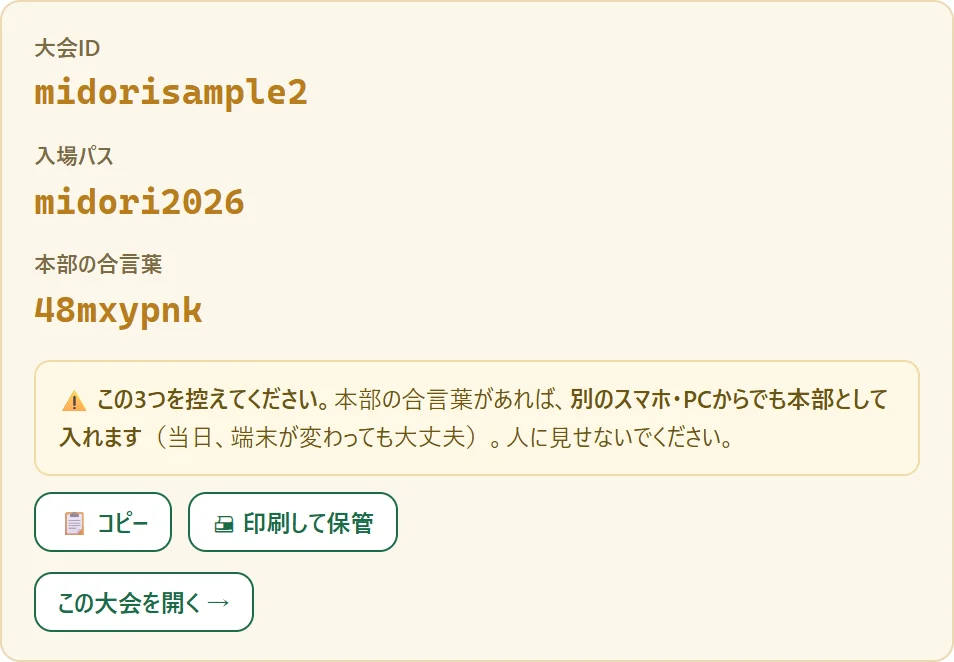 大会を作った直後に出る控えの画面。大会ID・入場パス・本部の合言葉の3つと、コピー・印刷して保管のボタンが並んでいる
