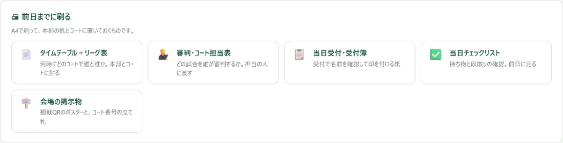 前日までに刷るもののカード。タイムテーブル＋リーグ表、審判・コート用の紙などが並んでいる